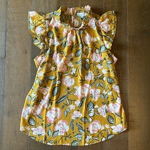 LOFT Floral Flutter Sleeve Top Chiffon Blouse Golden Yellow Large